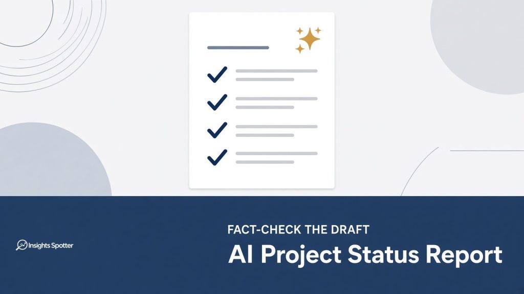 Checklist document with gold AI sparkles above a navy band reading Fact-check the draft: AI Project Status Report
