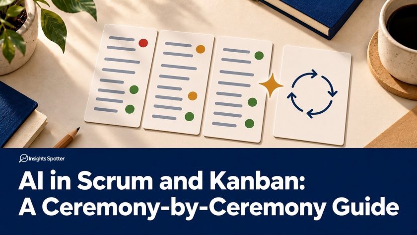 Kanban-style columns of task cards beside a sprint cycle arrow and a small AI sparkle
