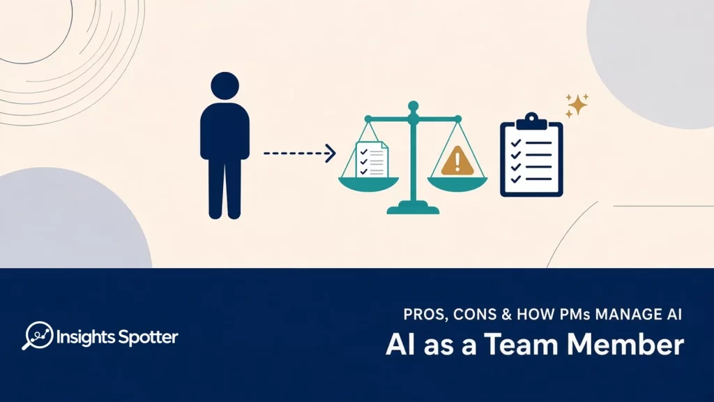 Insights Spotter cover: AI as a Team Member — pros, cons and how PMs manage AI, with balance scale and checklist graphic