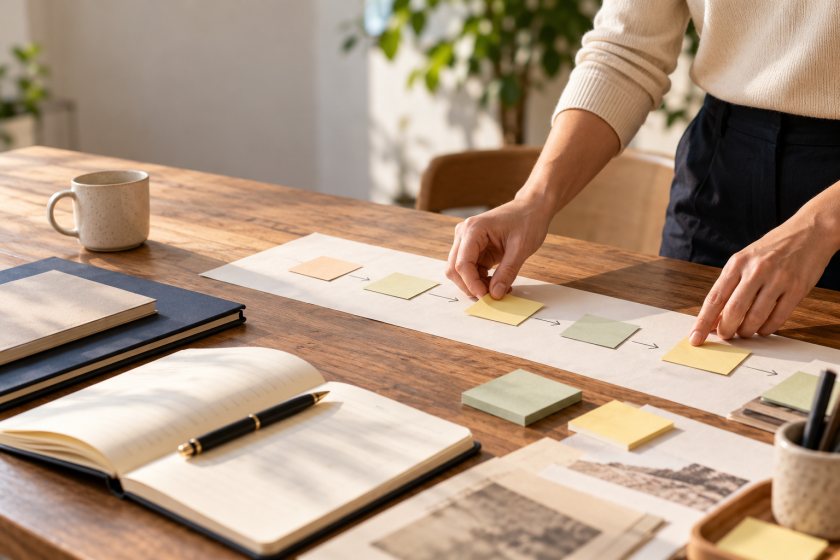 Project manager organizing meeting notes and a simple project timeline