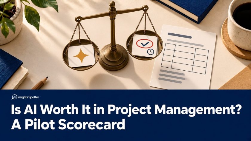 Balance scale weighing an AI sparkle card against review effort, next to a blank pilot scorecard