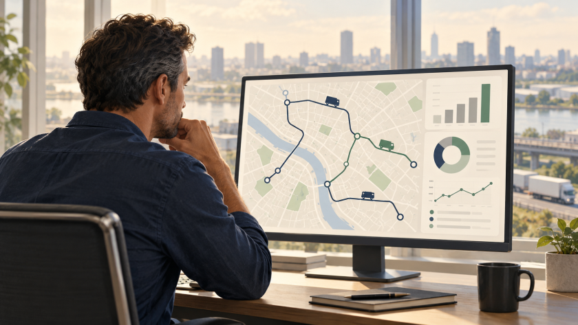 Logistics manager reviewing a route-planning dashboard with an abstract city map and delivery charts.