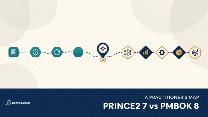 Cream featured cover with dual-path practitioner map icons and navy band reading A Practitioner’s Map — PRINCE2 7 vs PMBOK 8, Insights Spotter logo left