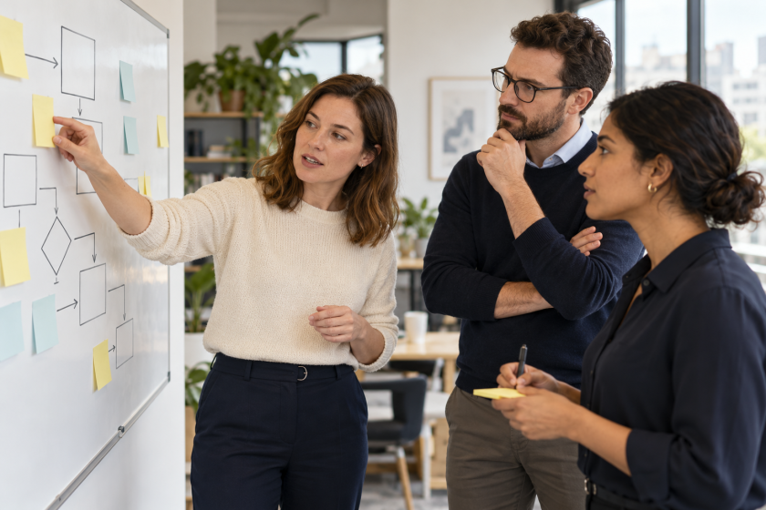 Project manager and colleagues reviewing a simple workflow map together.