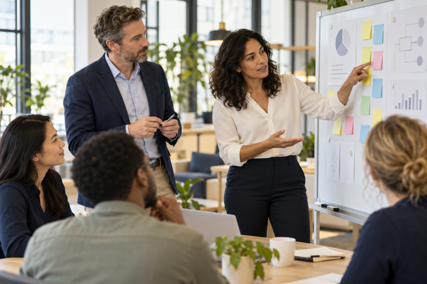 Project manager and functional manager reviewing shared priorities with a cross-functional team.