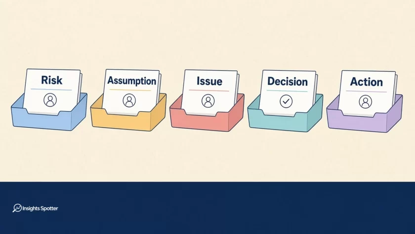 Five labelled project trays—Risk, Assumption, Issue, Decision, and Action—on a cream background with Insights Spotter logo in a navy band