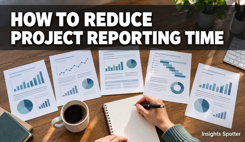 Five project reports on a desk beneath the heading How to Reduce Project Reporting Time.